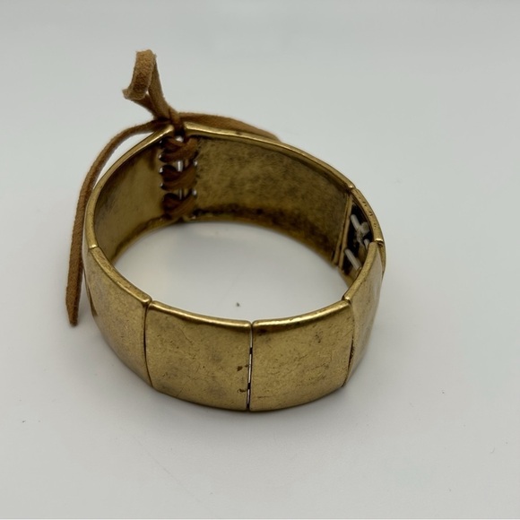 Boho Gold Tone Square Stretch Bracelet with Leather Lace Tie Up Design - Picture 6 of 10